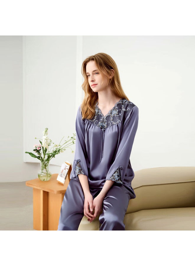 MEIBIAO American Standard Women's Heavyweight Silk Nine-quarter Sleeve Pajama Set, Mulberry Silk Satin Loungewear, M, Turnip Cabbage Pattern, Spring And Autumn - Image 1