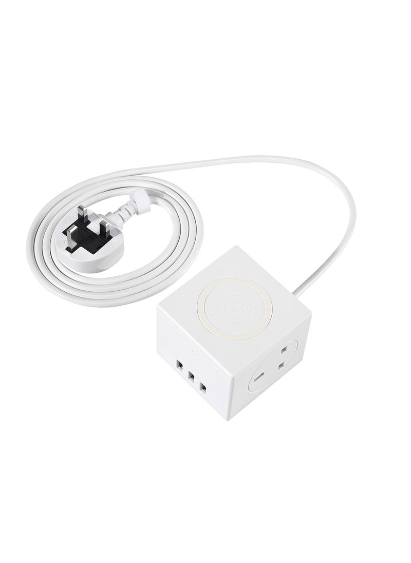 Flash Hawk - 1 Socket Extension Cord Tower Power Strips with 3 USB Ports and Wireless Charging 1.8m White - Image 1