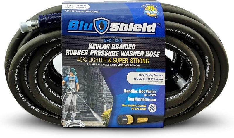 BluBird BluShield Aramid Braided Rubber Pressure Washer Hose 4100 Psi Handle 250F Hot  Cold Water Heavy Duty 35 Lighter Flexible 38 x 50 wCoupler Plug  - Image 1