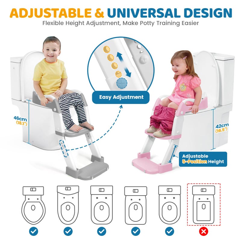 Orzbow Potty Training Seat, Toddler Toilet Seat with Step Stool Ladder, 2-in-1 Toddler Potty Training Toilet Chair for Kids Boys Girls - 5-Level Adjustable Height | Splash Guard | Anti Slip Pad, Grey - Image 4