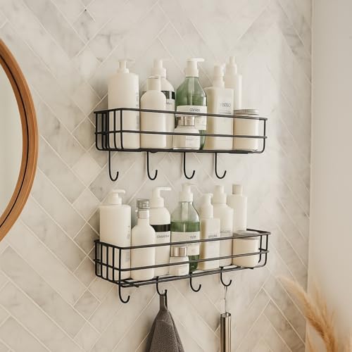 Go Hooked Metal Storage Basket with Hooks |Set of 2 Wall Mounted No Drill Self-Adhesive Shelf for Bathroom & Home Organization | Multipurpose Storage Rack | Bathroom Shelf Organizer | Metal Wall Shelf - Image 1
