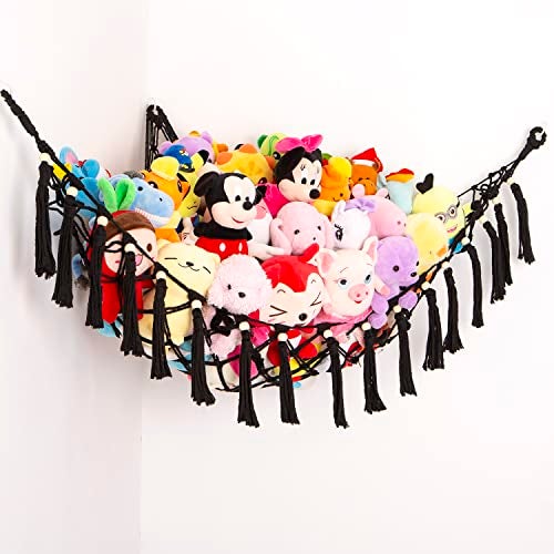 YKBU Stuffed Animal Toy Hammock Hanging Macrame Toy Hammock with TasselsStuff Animals Organizer Storage Boho Large Corner Plush Toys Net Holder for Nursery Play Room Kids Bedroom Black