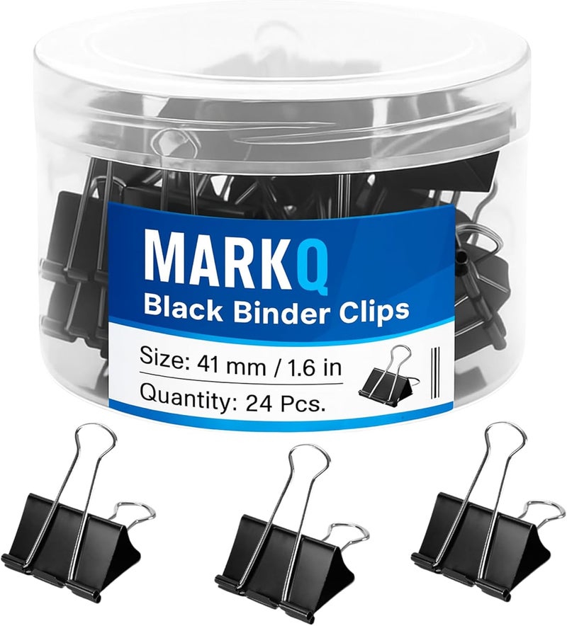مارك مشابك أوراق معدنية باللون الأسود | مشابك قوية مقاومة للصدأ لتثبيت الأوراق والملفات، مثالية للمكتب والمنزل والمدرسة – مقاس كبير 41 ملم – عبوة من 24 مشبك - Image 1