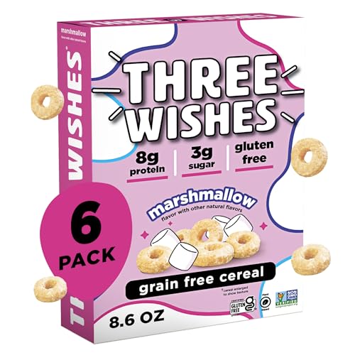 Three Wishes Grain-Free & Protein Cereal - Healthy, Low Sugar & Gluten-Free Breakfast Cereal - Low Carb, Plant-Based, Vegan & Non-GMO - Marshmallow, 6-Pack - Image 1