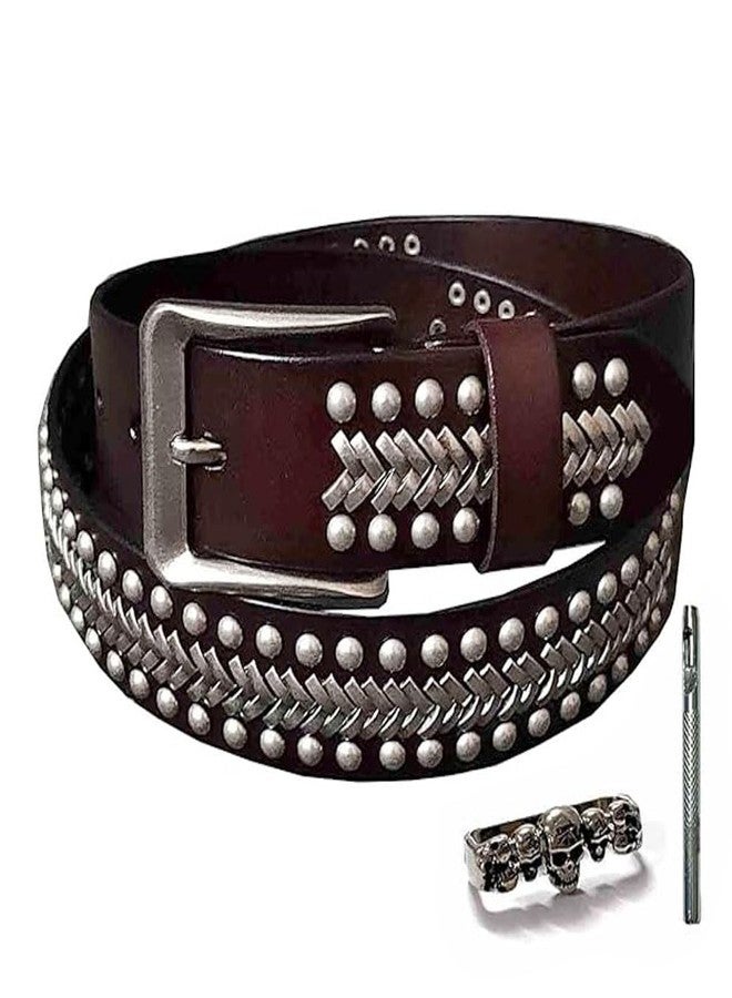 vogueteen Biker Rock Studded Rivet Men 38MM Width Leather Belt Accessories Cool (coffee) - Image 1