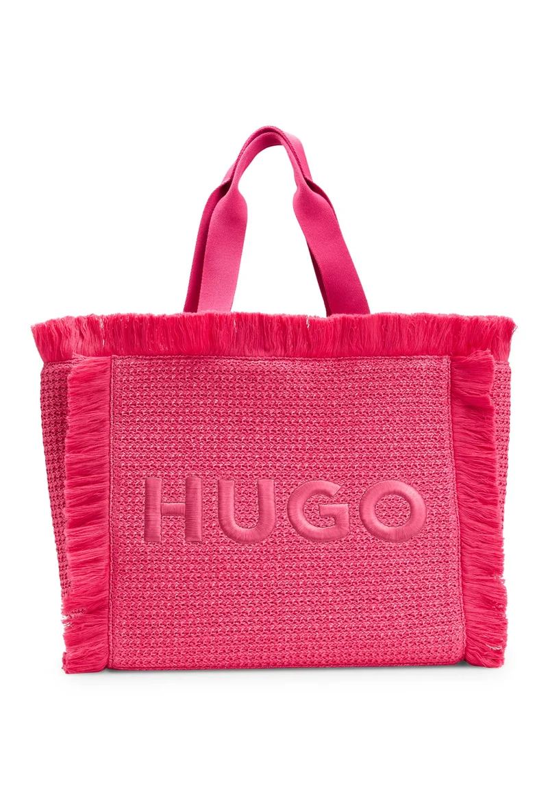 هوجو Logo-embroidered raffia-effect tote bag with fringe trims