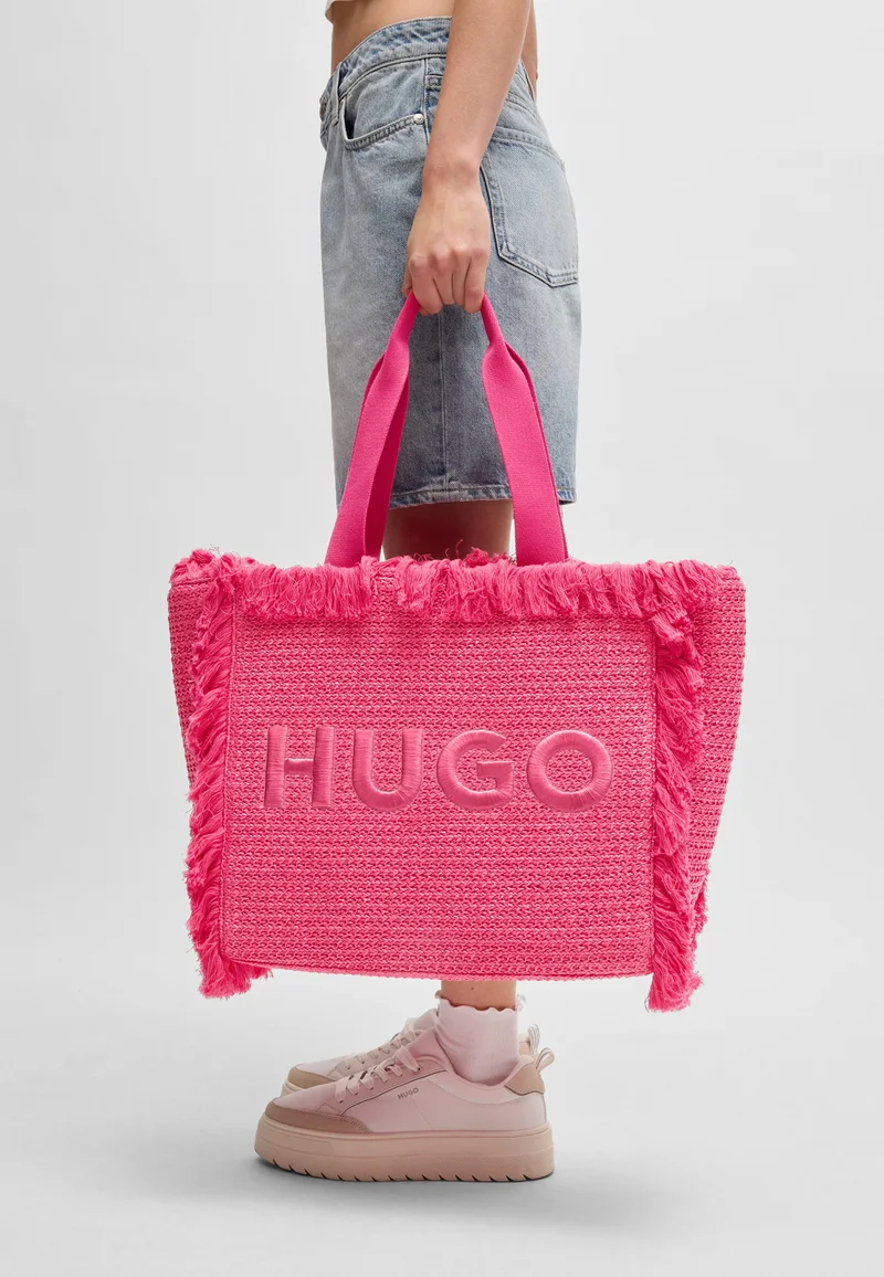 HUGO Logo-embroidered raffia-effect tote bag with fringe trims