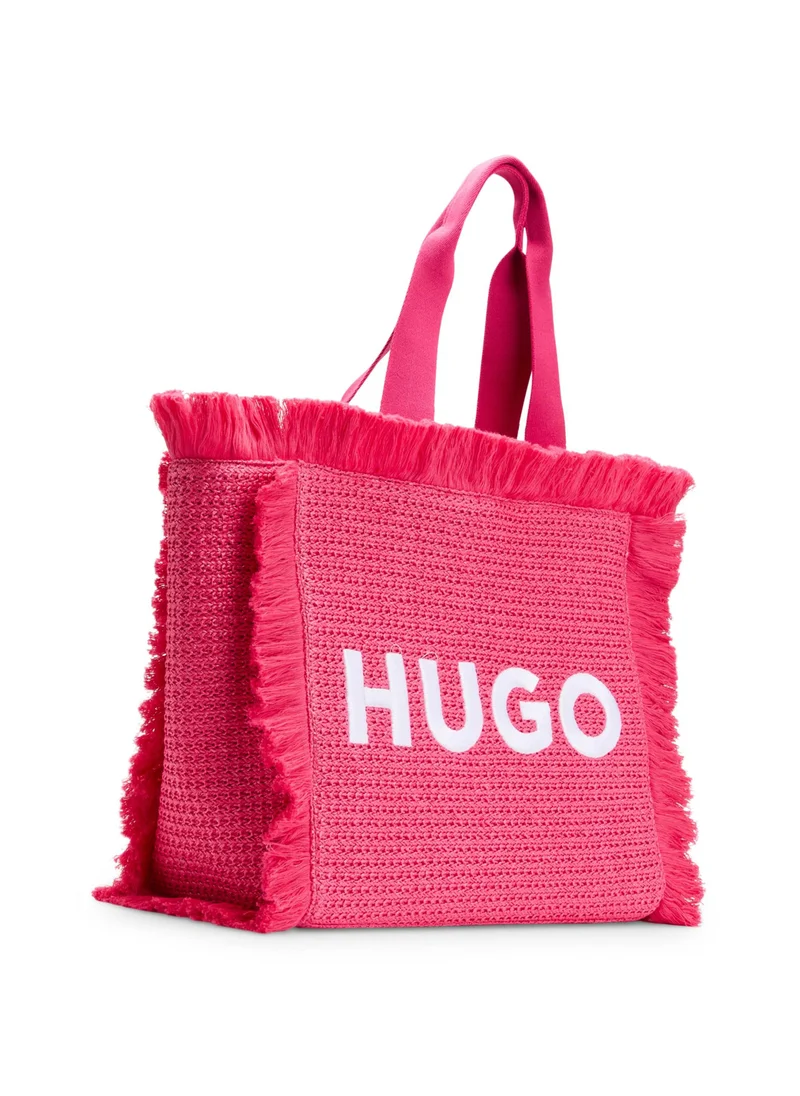 HUGO Logo-embroidered raffia-effect tote bag with fringe trims