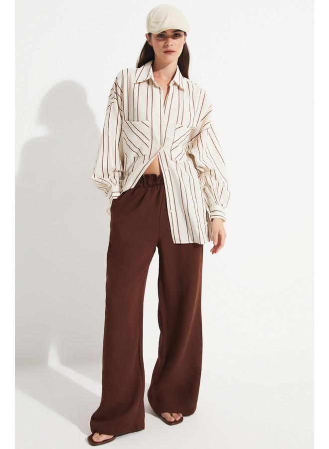 جون قميص نسائي قطن مخطط فضفاض بني - Image 1