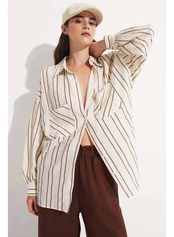 JUNE June Women Cotton Blend Striped Loose Fit Shirt Brown