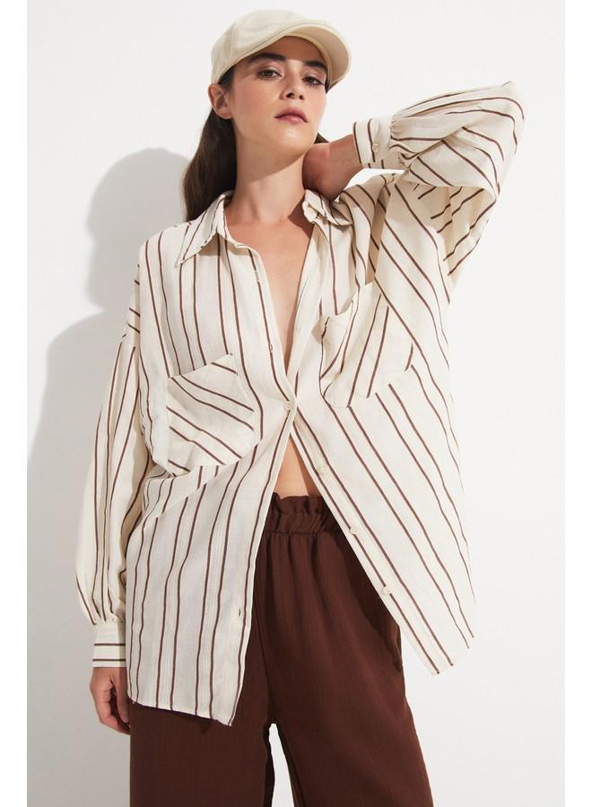 جون قميص نسائي قطن مخطط فضفاض بني - Image 3