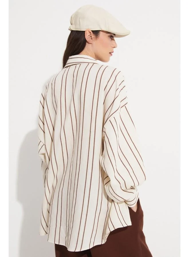 JUNE June Women Cotton Blend Striped Loose Fit Shirt Brown