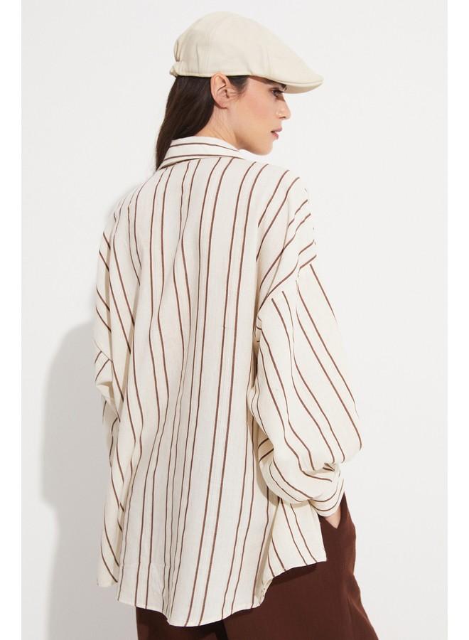 جون قميص نسائي قطن مخطط فضفاض بني - Image 5