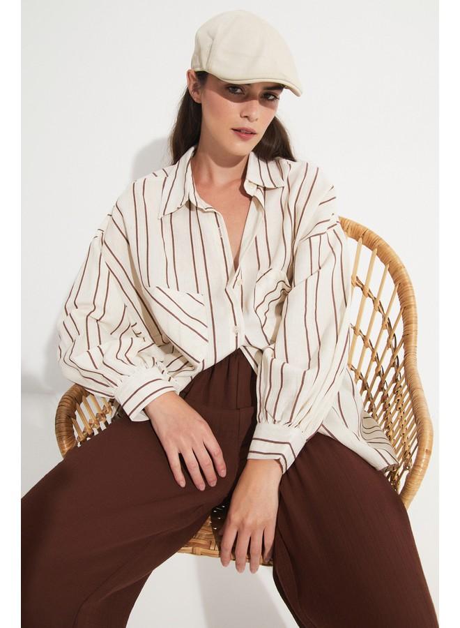 جون قميص نسائي قطن مخطط فضفاض بني - Image 2