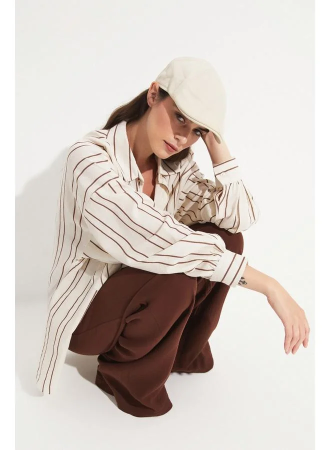 JUNE June Women Cotton Blend Striped Loose Fit Shirt Brown