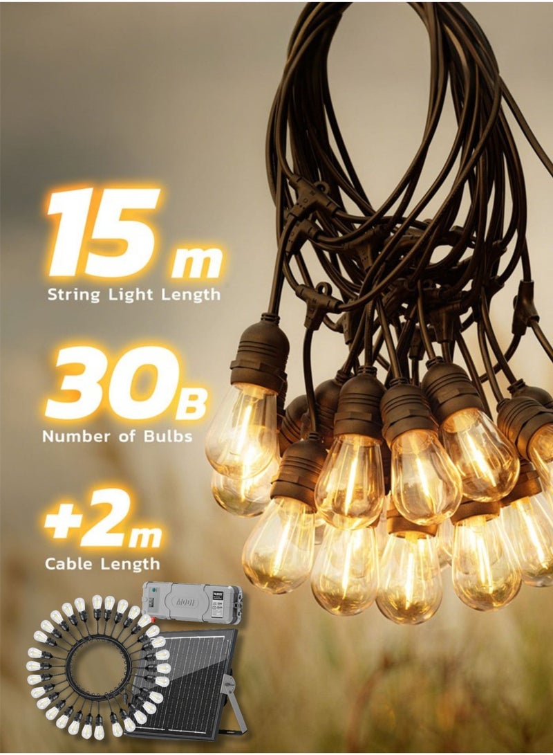 MODI 17M Outdoor Solar String Lights – 30 Warm LED Bulbs | IP65 Waterproof | 35W Solar Panel & 30000mAh Battery | Garden, Fence, Patio Lighting - Image 2