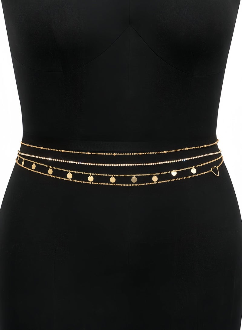 اعاره سلسلة خصر قابلة للتعديل مطلية بالذهب عيار 18 قيراطًا، سلسلة معدنية مكونة من 4 طبقات متراكبة، سلسلة جسم مرصعة بالترتر وقلب الخوخ وأحجار الراين، سلسلة خصر متعددة الطبقات - Image 3