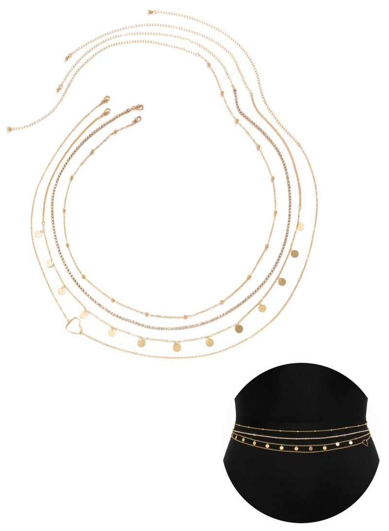 اعاره سلسلة خصر قابلة للتعديل مطلية بالذهب عيار 18 قيراطًا، سلسلة معدنية مكونة من 4 طبقات متراكبة، سلسلة جسم مرصعة بالترتر وقلب الخوخ وأحجار الراين، سلسلة خصر متعددة الطبقات - Image 2