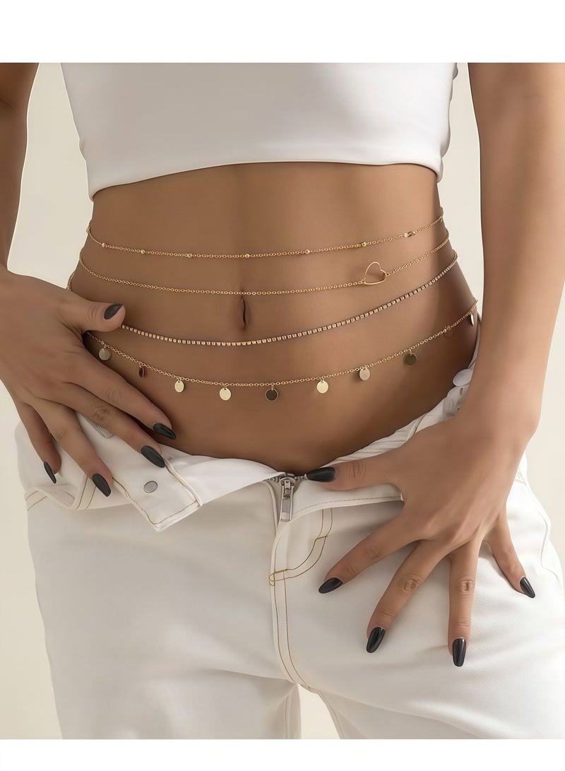 اعاره سلسلة خصر قابلة للتعديل مطلية بالذهب عيار 18 قيراطًا، سلسلة معدنية مكونة من 4 طبقات متراكبة، سلسلة جسم مرصعة بالترتر وقلب الخوخ وأحجار الراين، سلسلة خصر متعددة الطبقات - Image 4