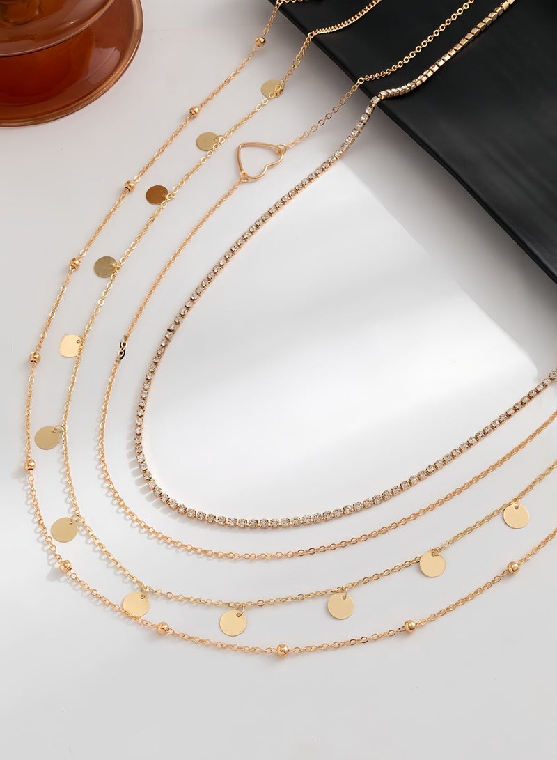 اعاره سلسلة خصر قابلة للتعديل مطلية بالذهب عيار 18 قيراطًا، سلسلة معدنية مكونة من 4 طبقات متراكبة، سلسلة جسم مرصعة بالترتر وقلب الخوخ وأحجار الراين، سلسلة خصر متعددة الطبقات - Image 5