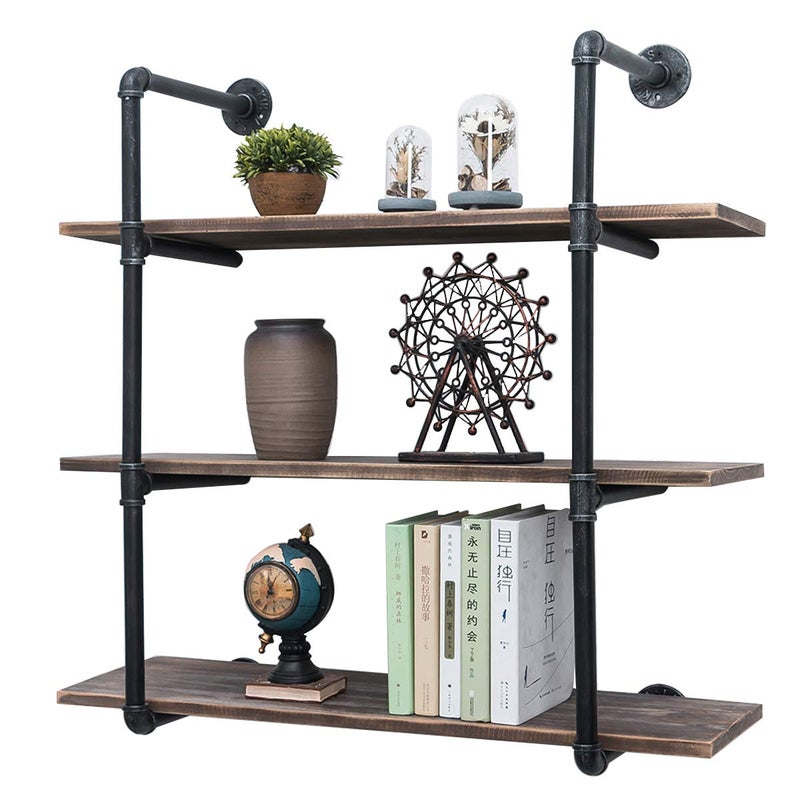 MBQQ Industrial Pipe Shelving Wall Mounted36in Rustic Metal Floating ShelvesSteampunk Real Wood Book ShelvesWall Shelf Unit Bookshelf Hanging Wall ShelvesFarmhouse Kitchen Bar Shelving3 Tier 
