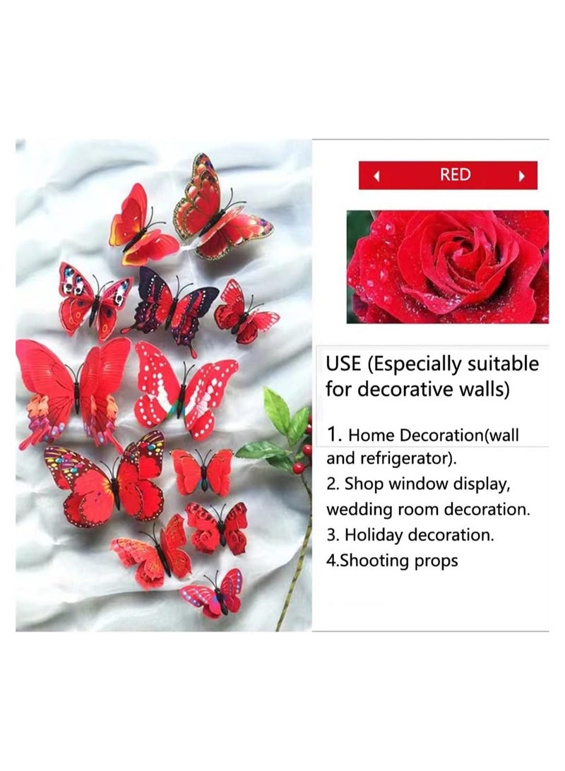 SYOSI 3D Butterfly Wall Decals Removable Butterfly Decor Simulation Butterfly for Girls Stickers Kids Bedroom and Room Wall Decoration Art Mural Double Wings 24 Pcs Red - Image 3