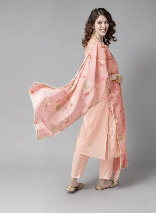آي شين Women's Peach 100% Cotton Woven Design Straight Fit Kurta Set
