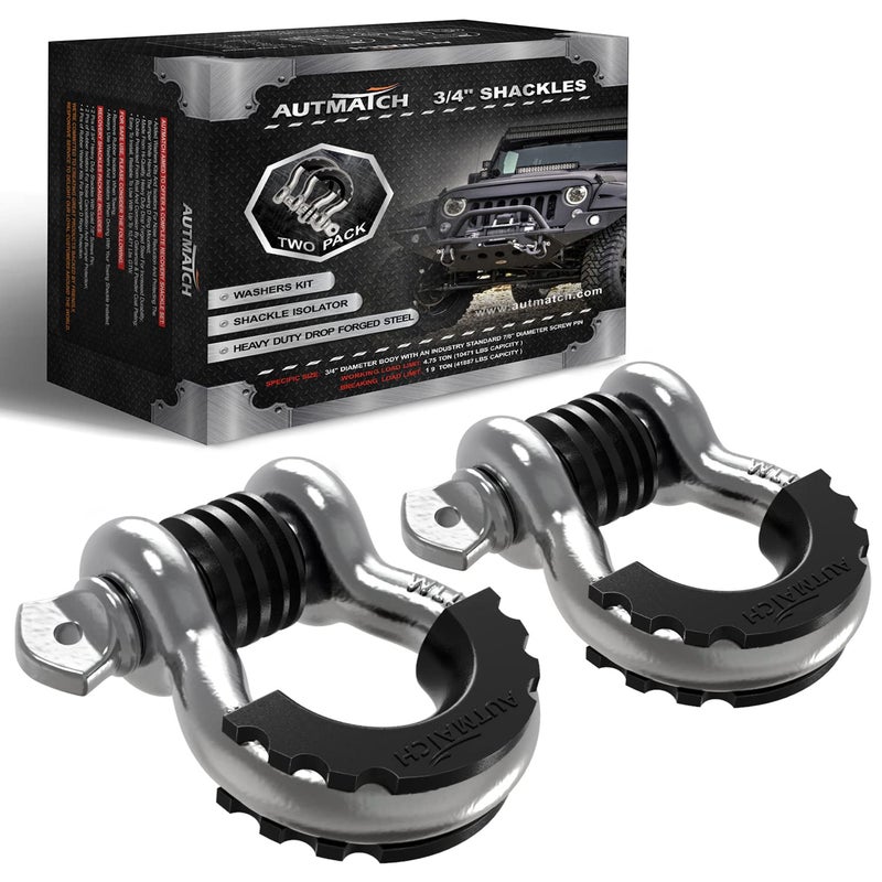 AUTMATCH D Ring Shackle 34 Shackles 2 Pack 41887Ibs Break Strength Clevis Shackle with 78 Screw Pin and Shackle Isolator Washers Kit for Tow Strap Winch Off Road Vehicle Recovery Silver