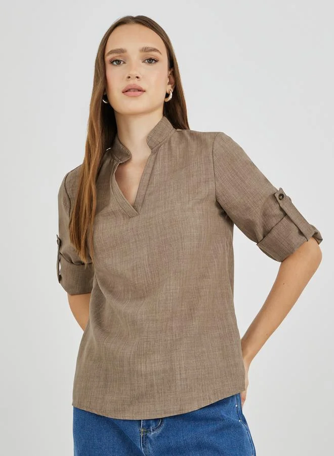 تايك تو Take Two Solid Mandarin Collar Roll Up Sleeve Blouse