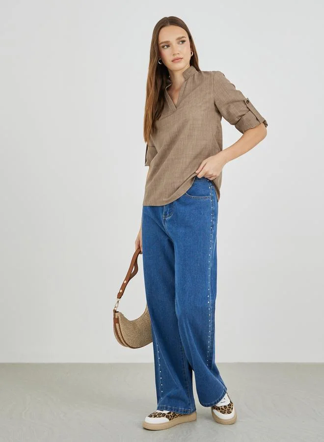 تايك تو Take Two Solid Mandarin Collar Roll Up Sleeve Blouse