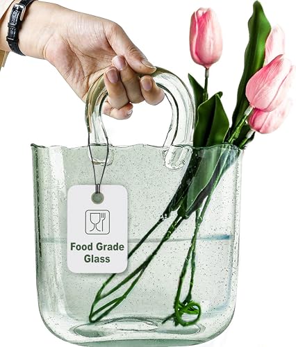 OLEEK Purse Vase for Flowers Handmade  10 Inches Clear Glass Purse Vase  Cool  Cute vases for centerpieces Fish Bowl  Unique Glass Handbag Flower vase Decorative  Wide Mouth Glass Purse