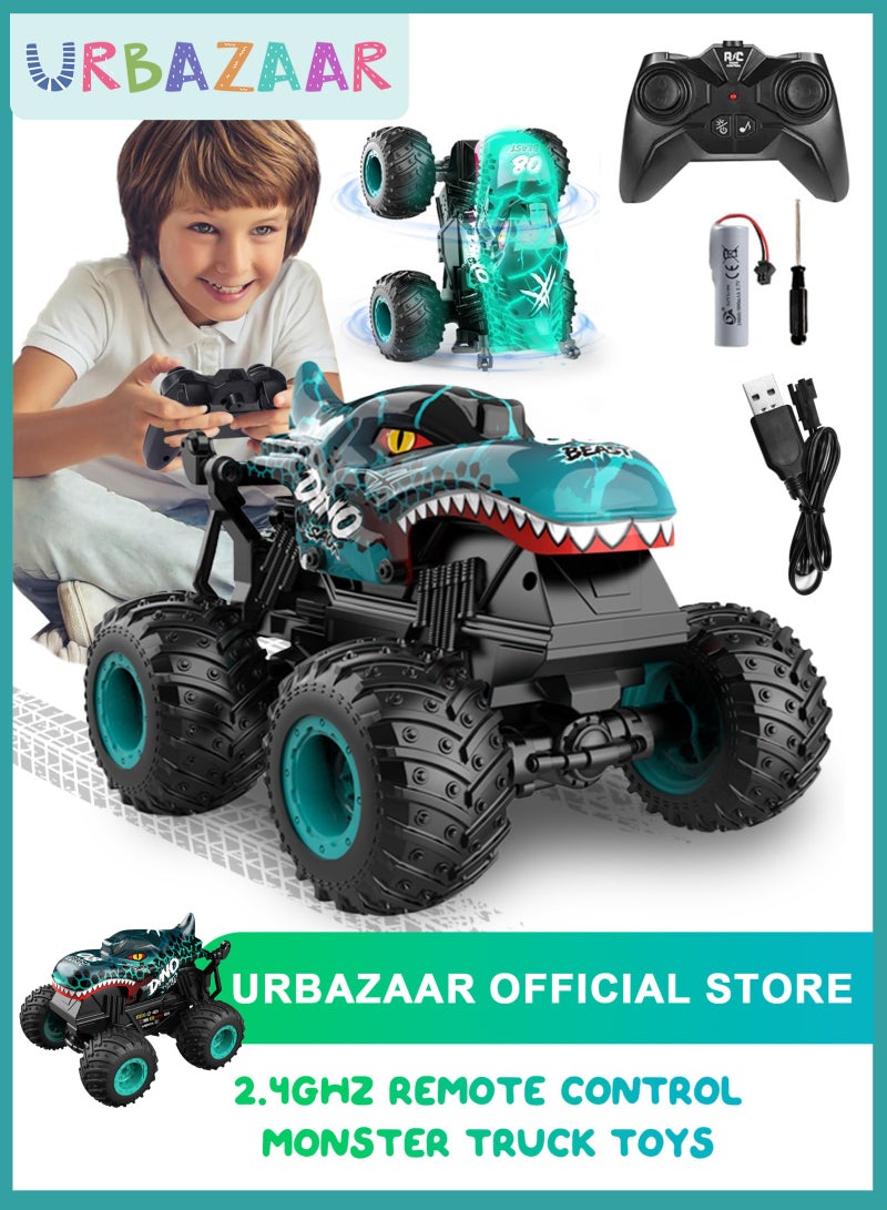 أوربازار سيارة الوحش التي تعمل بجهاز تحكم عن بعد، شاحنة الوحش التي تعمل بجهاز تحكم عن بعد بتردد 2.4 جيجاهرتز لجميع التضاريس، سيارة الوحش التي تعمل بجهاز تحكم عن بعد على شكل ديناصور، شاحنة الوحش التي تعمل بجهاز تحكم عن بعد مع موسيقى وبخاخ للأولاد من سن 4-7 و8-12 عامًا وهدية عيد ميلاد للبنات (أزرق سماوي) - Image 1