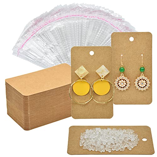 Twavang Earring Display Cards with 100Pcs Earring Holder Cards, 100 Pairs Clear Earring Backs and 100Pcs Self Adhesive Bags for Earrings Jewelry Display (Brown, 3.5" x 2") - Image 1