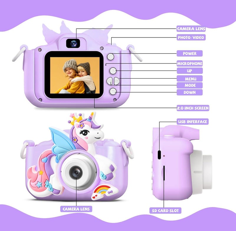 AiTechny Kids Camera Digital Camera for Age 3-8,1080P HD Video Selfie Toddler Camera with Soft Cover, Christmas Birthday Gifts for Kids - 32GB SD Card - Purple - Image 3