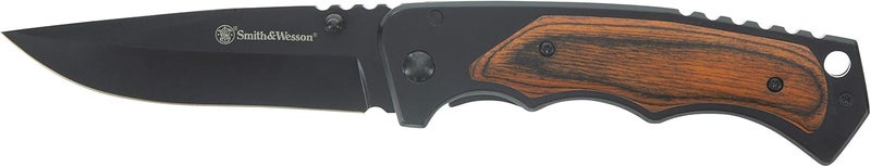 Smith & Wesson سكين قابلة للطي بطول 8.5 بوصة مع شفرة نقطة إسقاط بطول 3.7 بوصة ومقبض من الفولاذ المقاوم للصدأ وخشب حقيقي للاستخدام الخارجي، التكتيكي، البقاء و EDC - Image 1