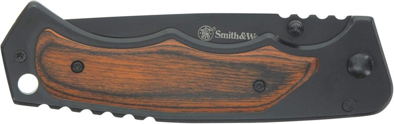 Smith & Wesson سكين قابلة للطي بطول 8.5 بوصة مع شفرة نقطة إسقاط بطول 3.7 بوصة ومقبض من الفولاذ المقاوم للصدأ وخشب حقيقي للاستخدام الخارجي، التكتيكي، البقاء و EDC - Image 3