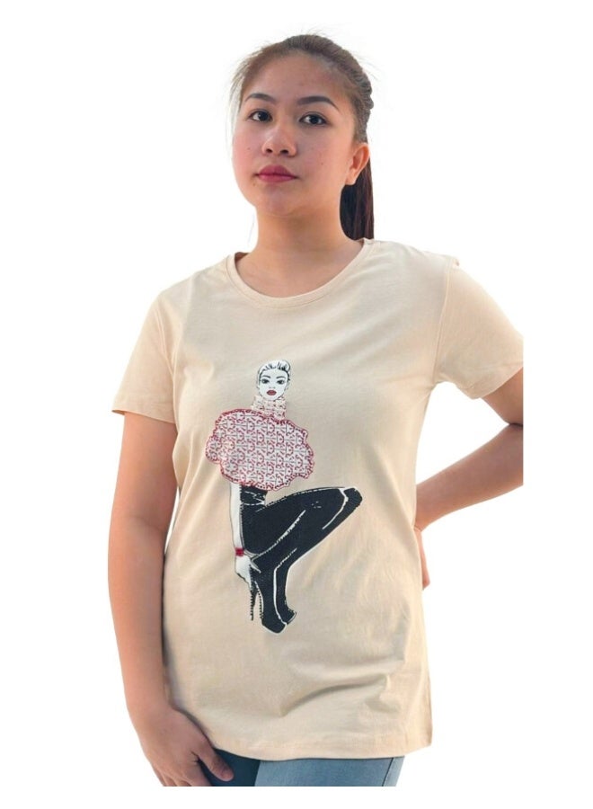 JOANNA JOANNA W203008 Women's Lady Wearing High Heels Design Round Neck Short Sleeve T-Shirt - Beige  - Image 1