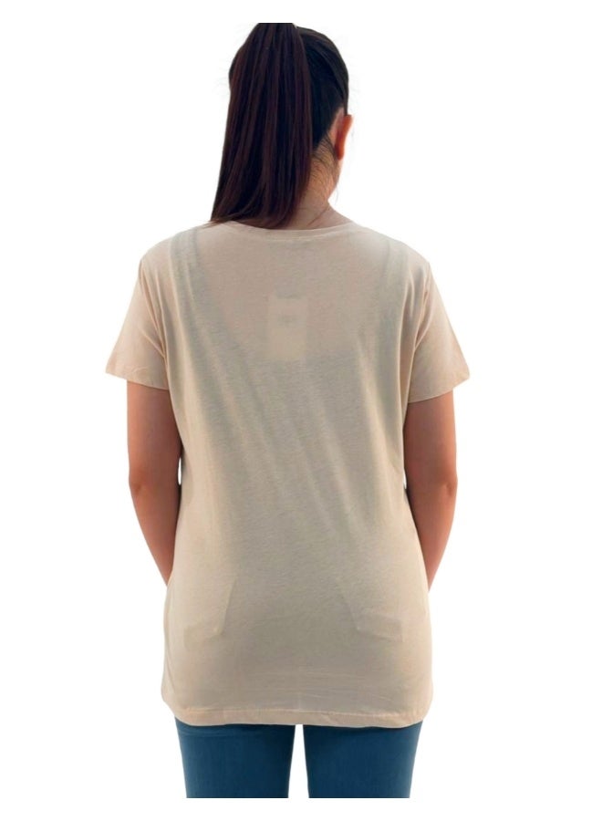 JOANNA JOANNA W203008 Women's Lady Wearing High Heels Design Round Neck Short Sleeve T-Shirt - Beige  - Image 3