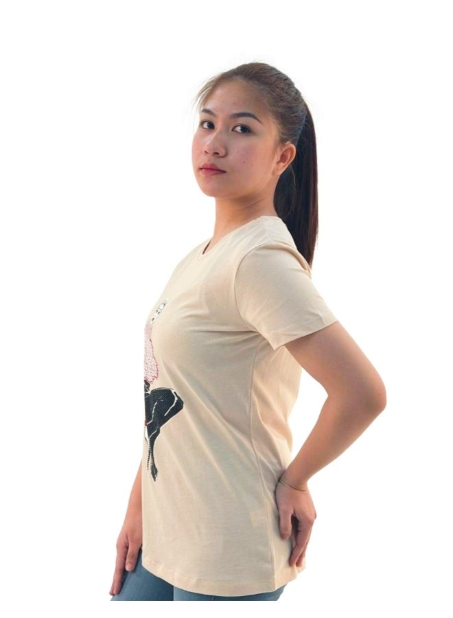 JOANNA JOANNA W203008 Women's Lady Wearing High Heels Design Round Neck Short Sleeve T-Shirt - Beige  - Image 2