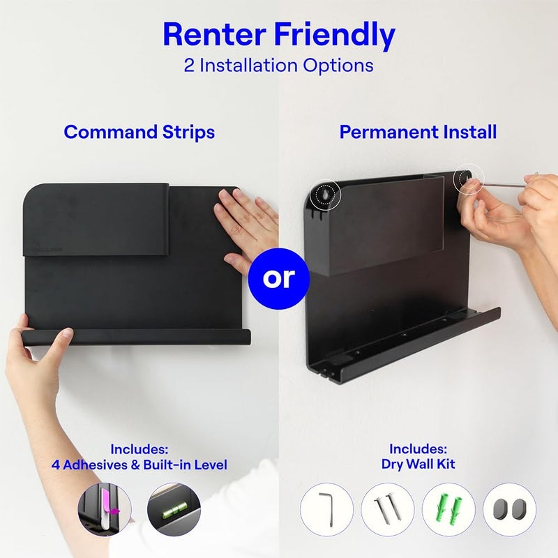 Smallish WallShelfie Floating Shelf, Space-Saving Wall-Mounted Organizer with Phone Holder, Cup Holder, Headphone Rack, Surge Protector, Cable Management, and Key Holder for Dorms, Offices, & Bunk Beds (Black) - Image 4