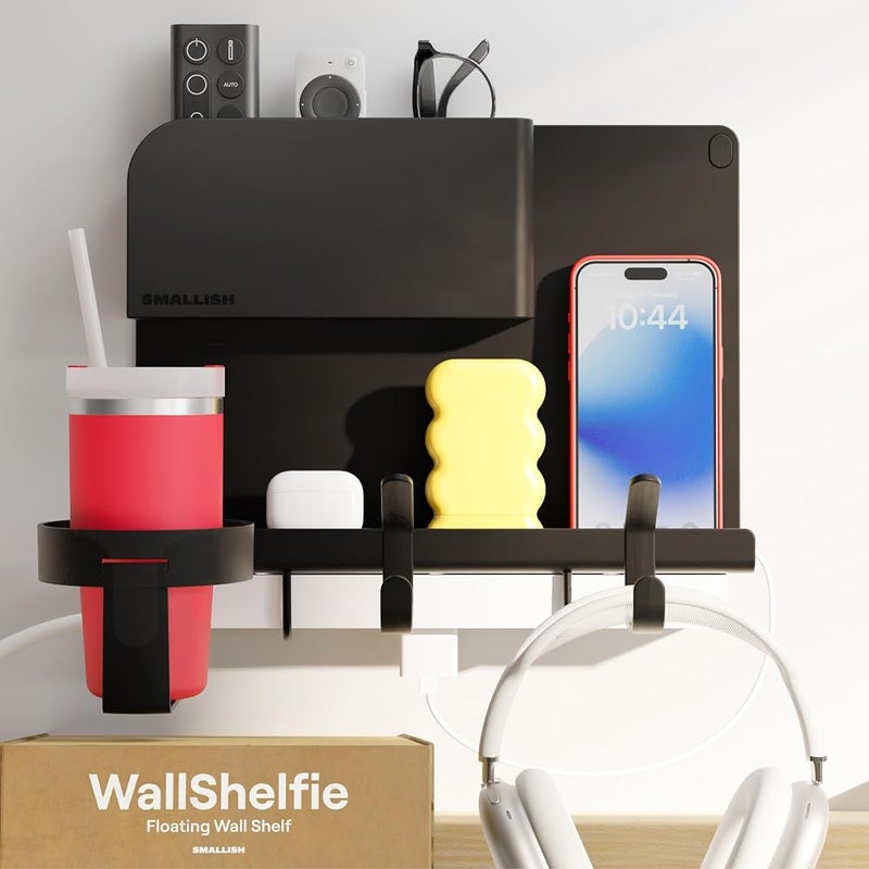 Smallish WallShelfie Floating Shelf, Space-Saving Wall-Mounted Organizer with Phone Holder, Cup Holder, Headphone Rack, Surge Protector, Cable Management, and Key Holder for Dorms, Offices, & Bunk Beds (Black) - Image 1