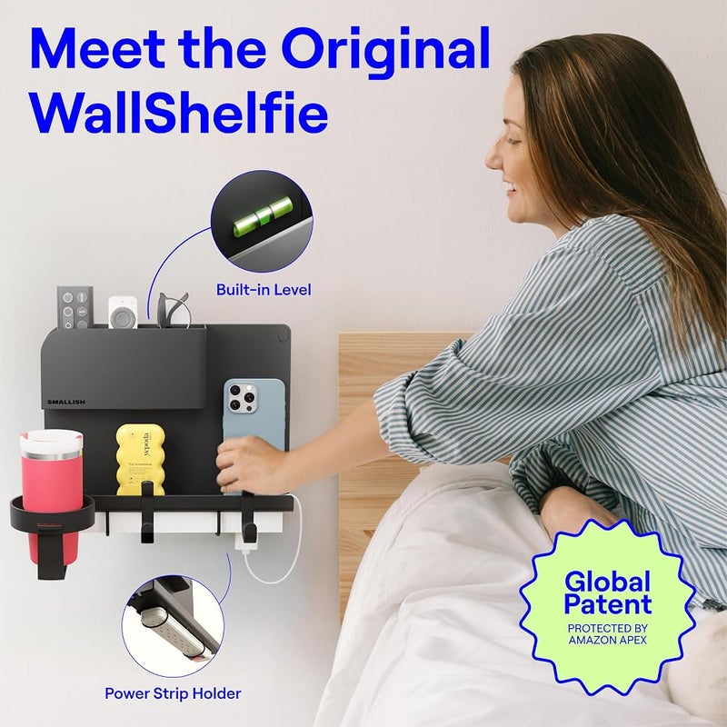 Smallish WallShelfie Floating Shelf, Space-Saving Wall-Mounted Organizer with Phone Holder, Cup Holder, Headphone Rack, Surge Protector, Cable Management, and Key Holder for Dorms, Offices, & Bunk Beds (Black) - Image 2