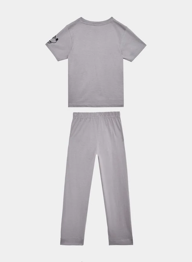 Styli Boys Grey Mickey Mouse Cotton T-Shirt and Pants Set