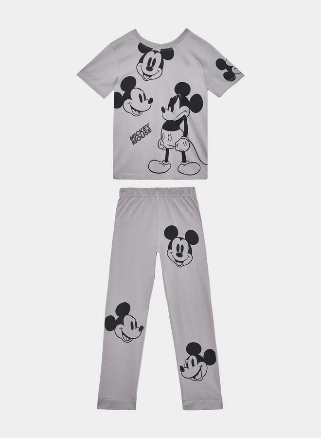 Styli Boys Grey Mickey Mouse Cotton T-Shirt and Pants Set