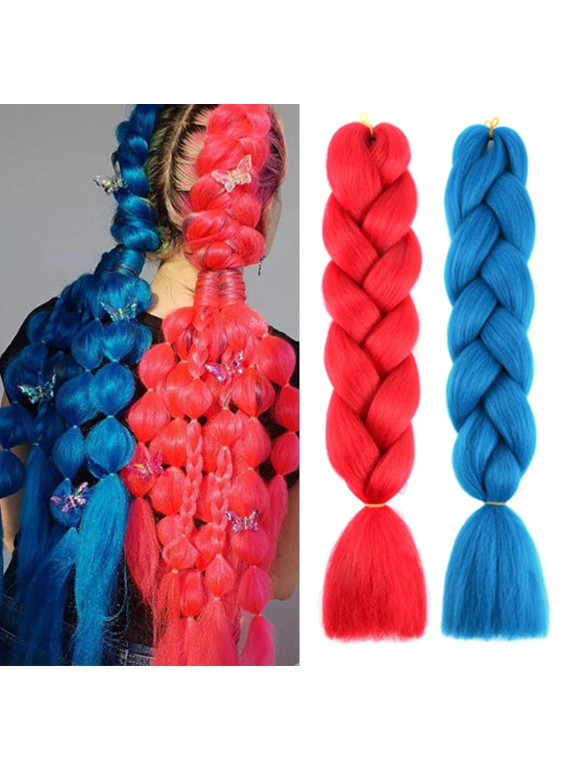 BASEMMAHER 2 Colors Red Blue Ombre Jumbo Braiding Hair Extensions for Women High Temperature Synthetic Fiber Colored Hair Extension for Girls Box Braids Crochet Braids Braiding Hair 24 Inch 