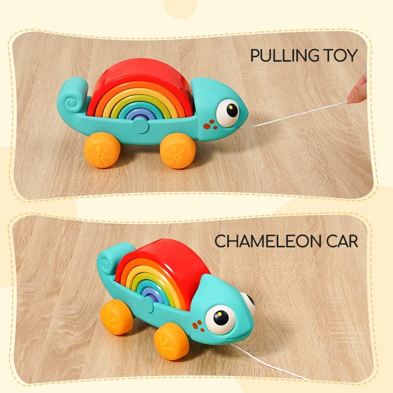 HOLA Montessori Toys for 1 2 3 Year Old, Rainbow Stacking Toy, Sensory Pull Toys for Toddlers 1-3, Chameleon Push & Pull Car Toy, Preschool Educational Toys - Image 4