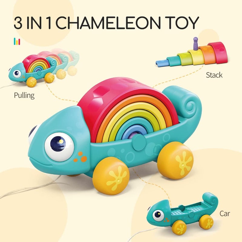 HOLA Montessori Toys for 1 2 3 Year Old, Rainbow Stacking Toy, Sensory Pull Toys for Toddlers 1-3, Chameleon Push & Pull Car Toy, Preschool Educational Toys - Image 2