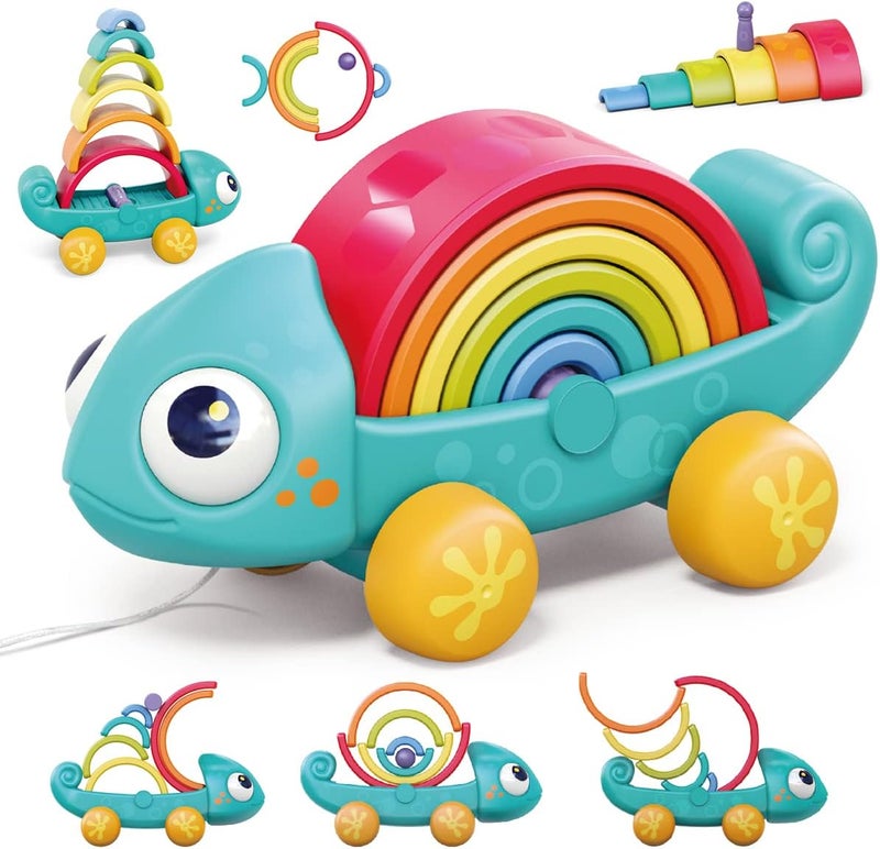 HOLA Montessori Toys for 1 2 3 Year Old, Rainbow Stacking Toy, Sensory Pull Toys for Toddlers 1-3, Chameleon Push & Pull Car Toy, Preschool Educational Toys - Image 1