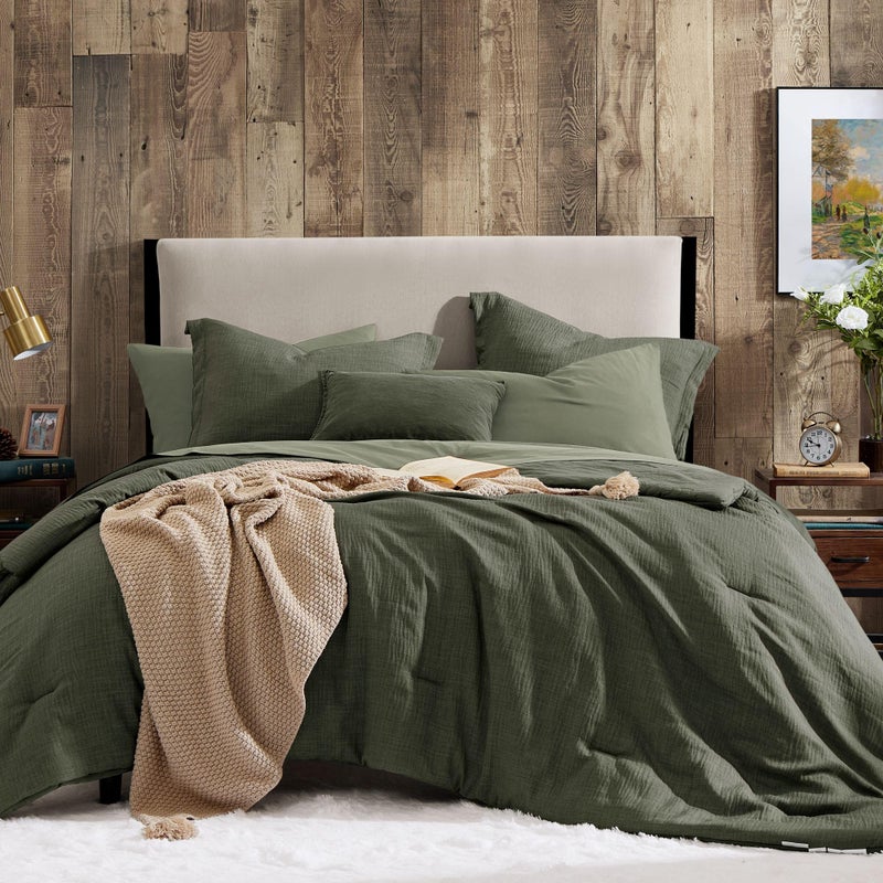 Geniospin Dark Olive Green Full Comforter Set  7 Pieces Comforter Full Size Solid Bedding Set for All Season Textured Bed in a Bag with Sheets