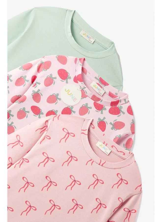 JUNE June Girl Child 3-Pack Long Sleeve Tshirt Light Pink - Green - Dark Pink